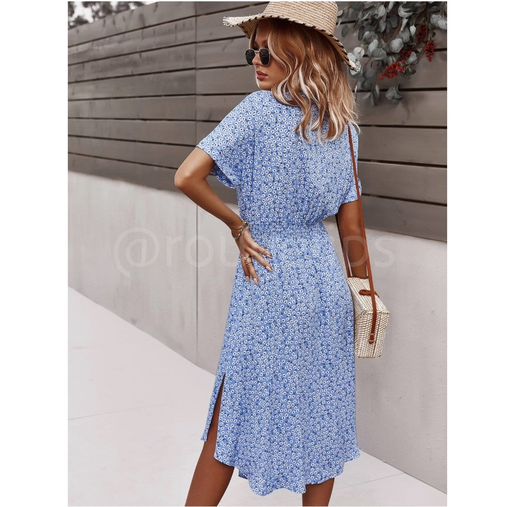 Light Blue Floral Print Midi Dress Button Front V-Neck - Picture 2 of 10